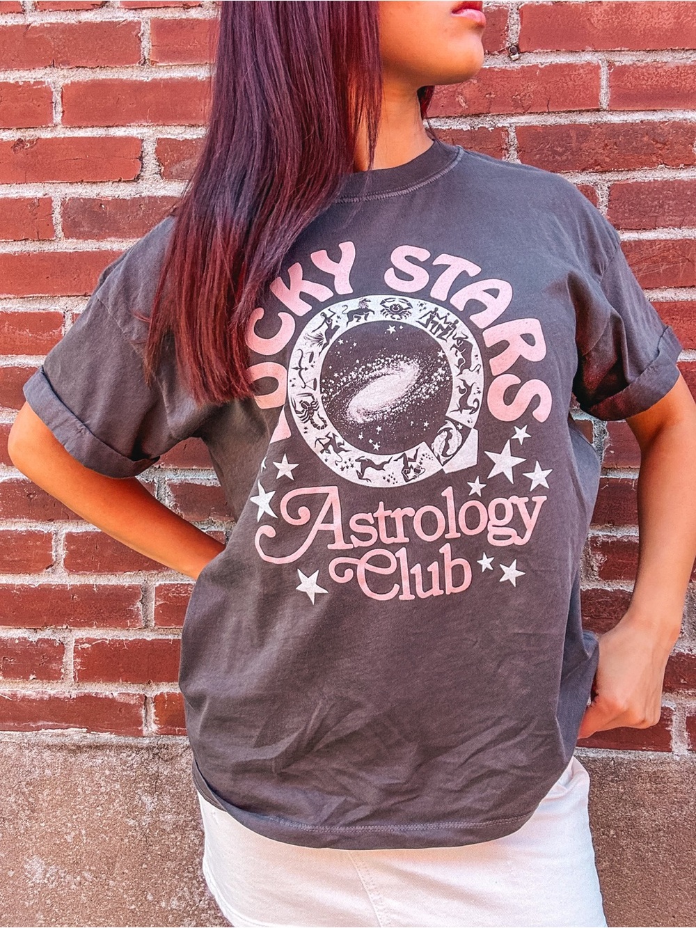 Lucky Stars Astrology Club Graphic Tee - Pink on Charcoal